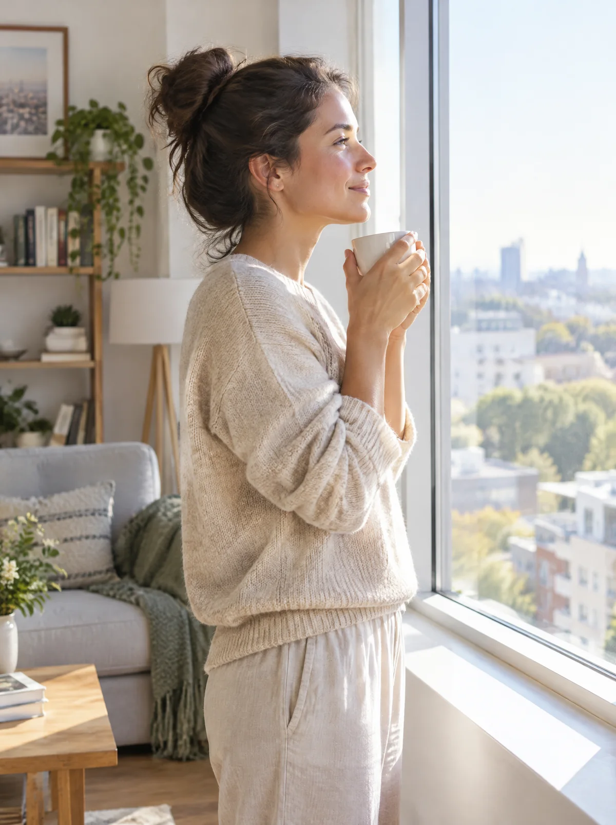 Iemand drinkt opgelucht een kop koffie bij het raam