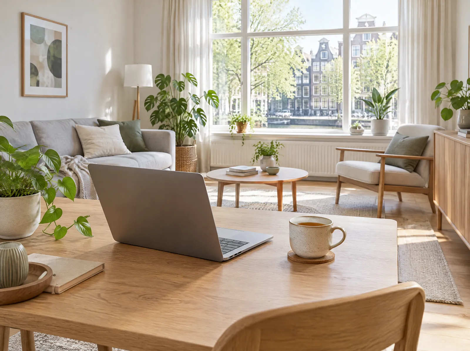 Lichte woonkamer met een opgeruimde tafel en een laptop
